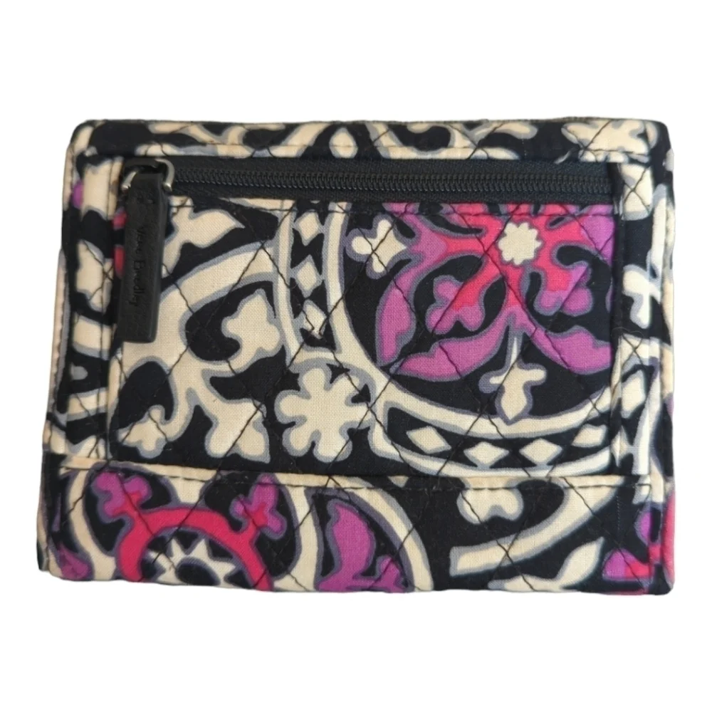 Vera Bradley Scroll Medallion Trifold Quilted Black Pink Euro Wallet Floral - Picture 3 of 9